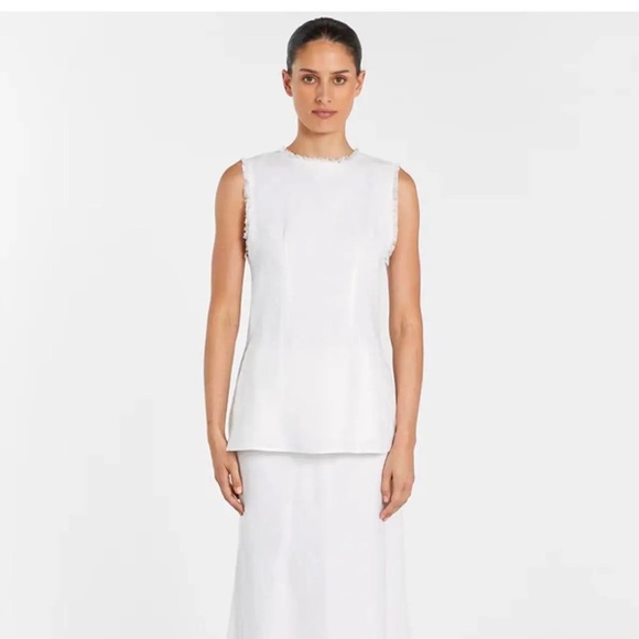 DISSH Nellie White Linen Tunic Top Size 12 Fringe Sleeveless Side Slits - Picture 7 of 16